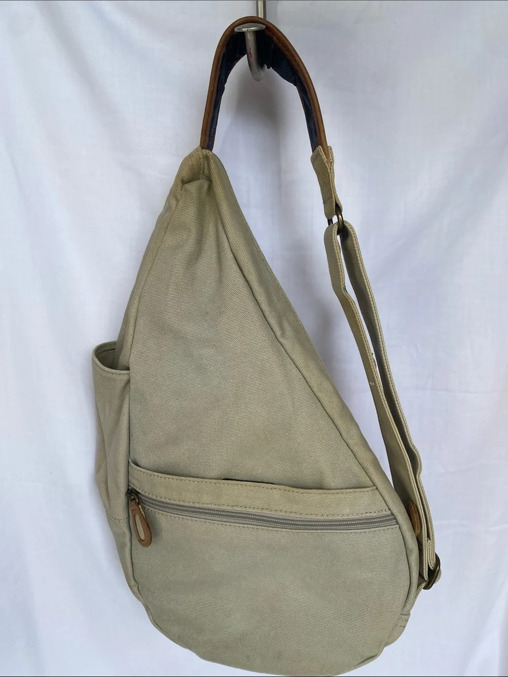 L.L. Bean Ameribag Khaki Canvas Sling Bag with Brown Leather Trim